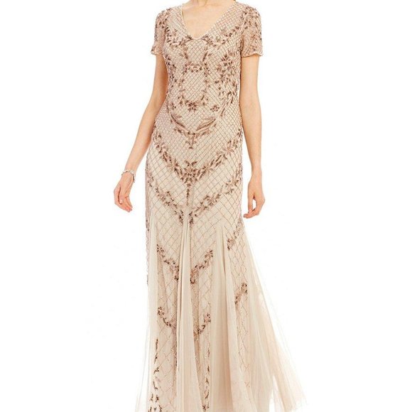 NWT $379 Adrianna Papell Beaded‎ Mesh Mermaid Gown Floral Biscotti [SZ 8 ] - Picture 11 of 12